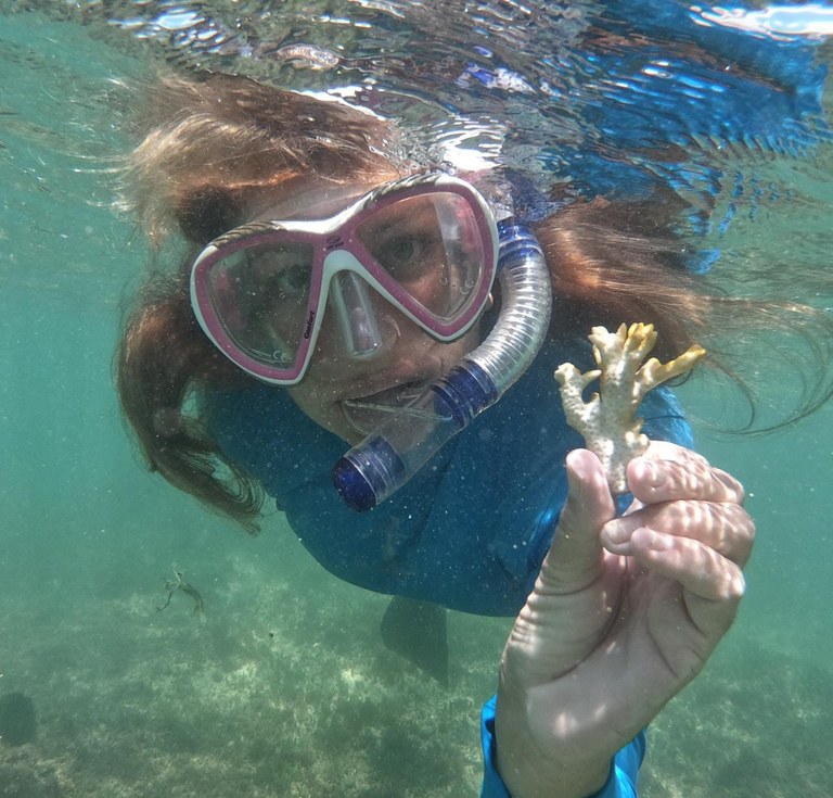 Foto carlinhos.acs - implantação de coral - Karina Massei com um fragmento de coral tapitanga em branqueamento.jpeg